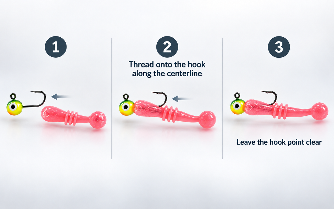 Soft plastic rigged on an ice fishing jig