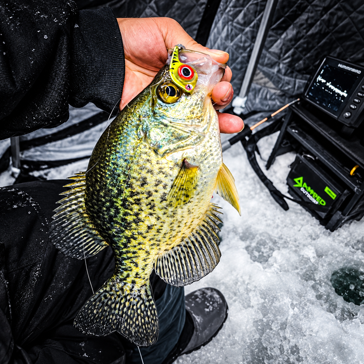 FishDaddy Dirty Bomb Minnow LED blade bait used for ice fishing