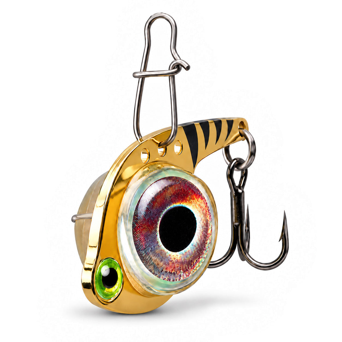 FishDaddy Dirty Bomb Minnow LED blade bait, 1/8 oz., blinking green LED, three-quarter view