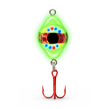 FishDaddy Dirty Bomb Spoon, 1/16 oz., Wonderbread, blinking red LED, showing its glow finish
