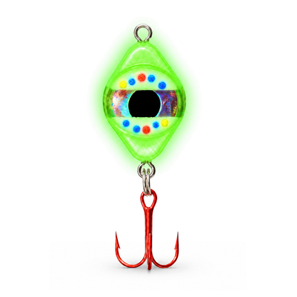 FishDaddy Dirty Bomb Spoon, 1/16 oz., Wonderbread, blinking green LED, showing its glow finish