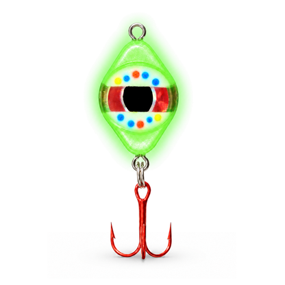 FishDaddy Dirty Bomb Spoon, 1/16 oz., Wonderbread, blinking pink LED, showing its glow finish