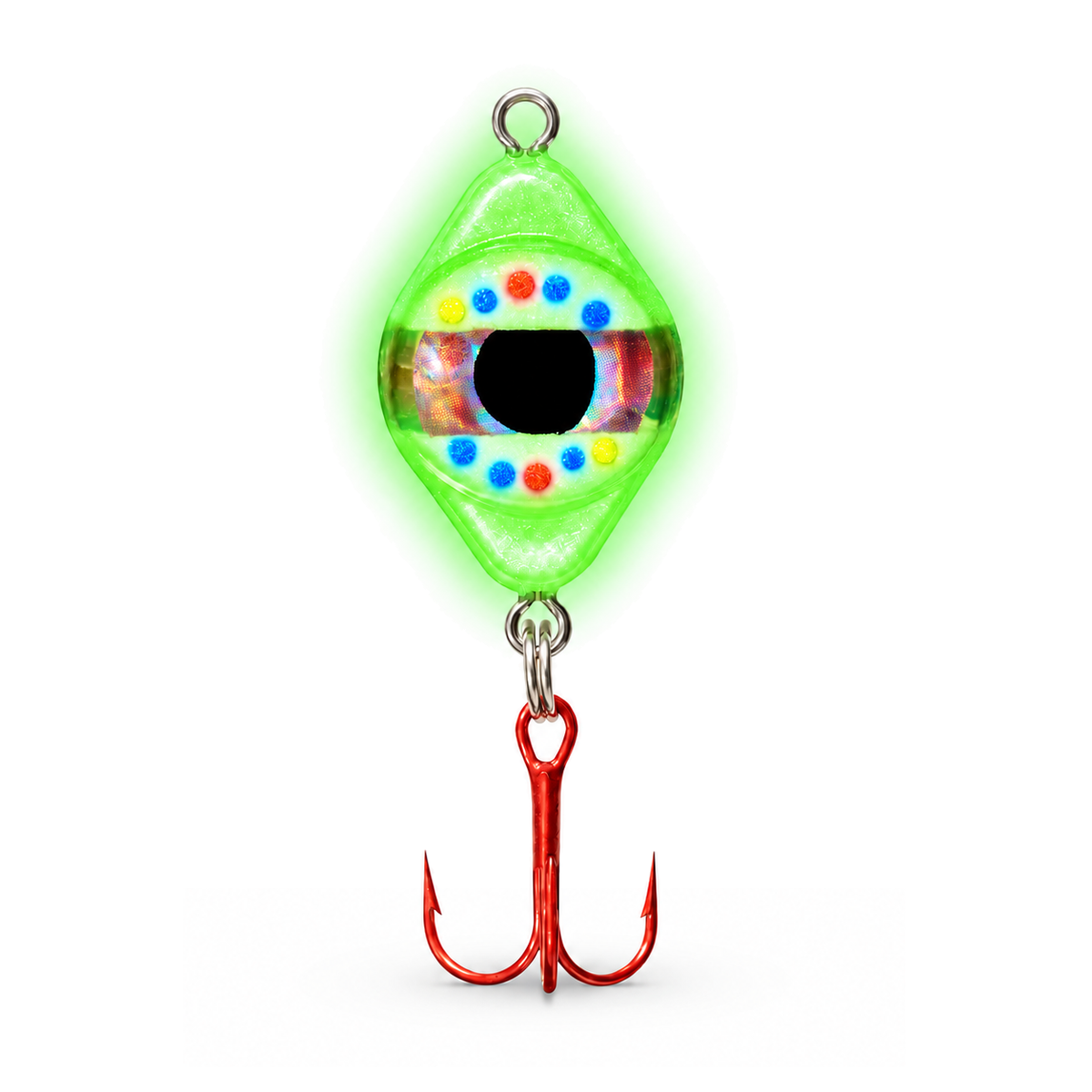FishDaddy Dirty Bomb Spoon, 1/16 oz., Wonderbread, blinking blue LED, showing its glow finish
