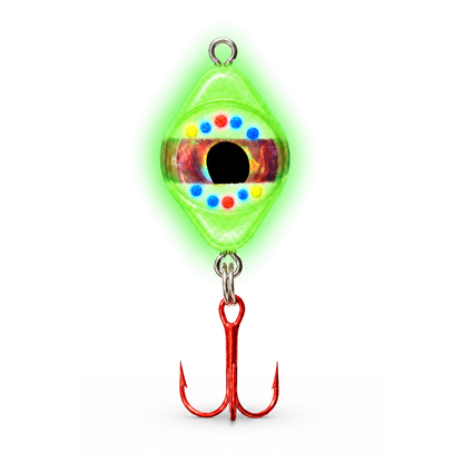 FishDaddy Dirty Bomb Spoon, 1/16 oz., Wonderbread, blinking gold LED, showing its glow finish