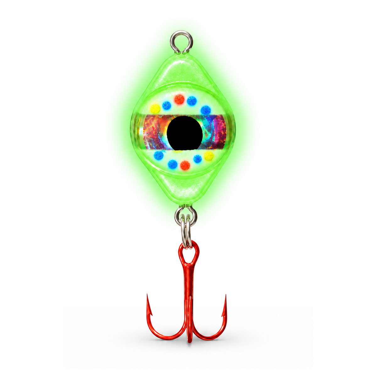 FishDaddy Dirty Bomb Spoon, 1/16 oz., Wonderbread, blinking multi-color LED, showing its glow finish