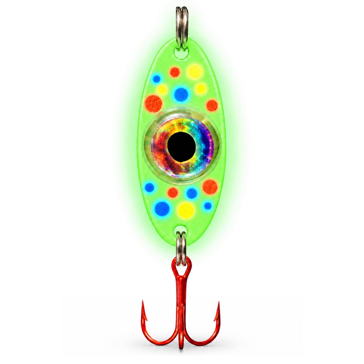 FishDaddy Dirty Bomb Spoon, 1/4 oz., Wonderbread, blinking multi-color LED, showing its glow finish