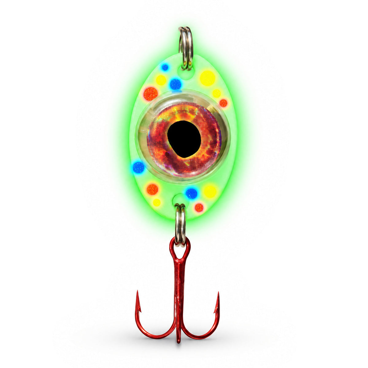 FishDaddy Dirty Bomb Spoon, 1/8 oz., Wonderbread, blinking gold LED, showing its glow finish