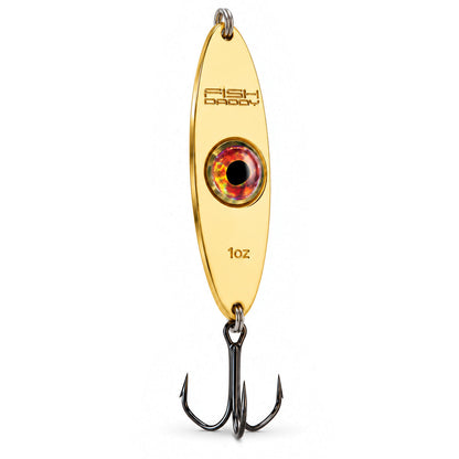 FishDaddy Dirty Bomb Spoon, 1 oz., Gold, blinking gold LED, three-quarter view