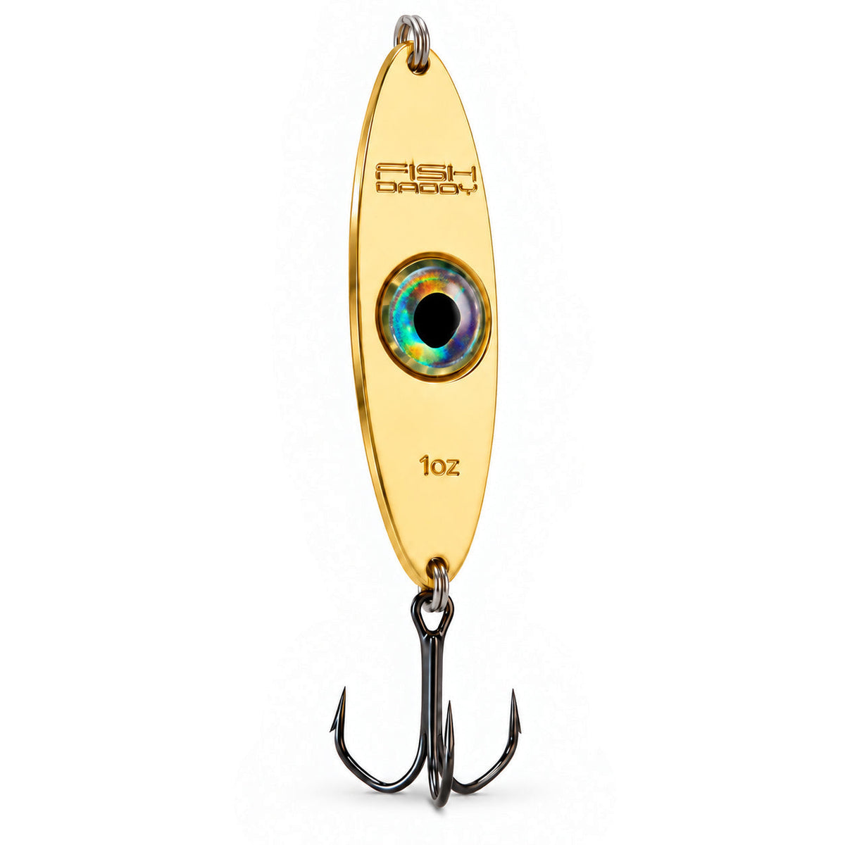 FishDaddy Dirty Bomb Spoon, 1 oz., Gold, blinking green LED, three-quarter view