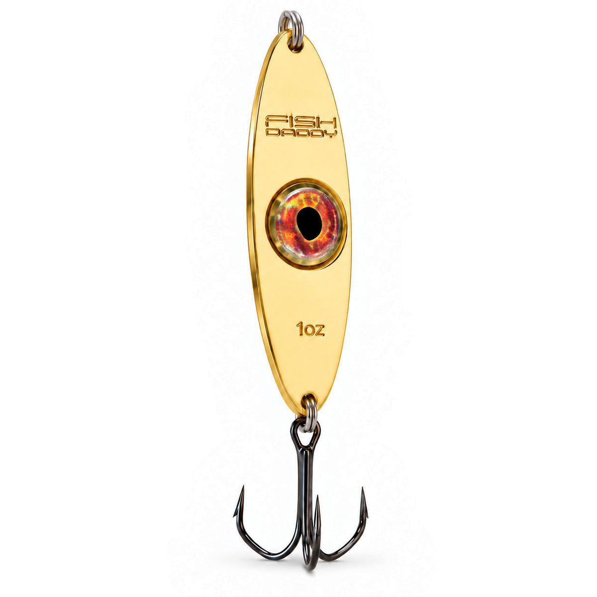 FishDaddy Dirty Bomb Spoon, 1 oz., Gold, blinking red LED, three-quarter view