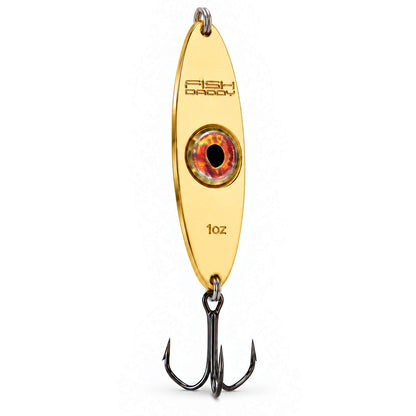 FishDaddy Dirty Bomb Spoon, 1 oz., Gold, blinking red LED, three-quarter view