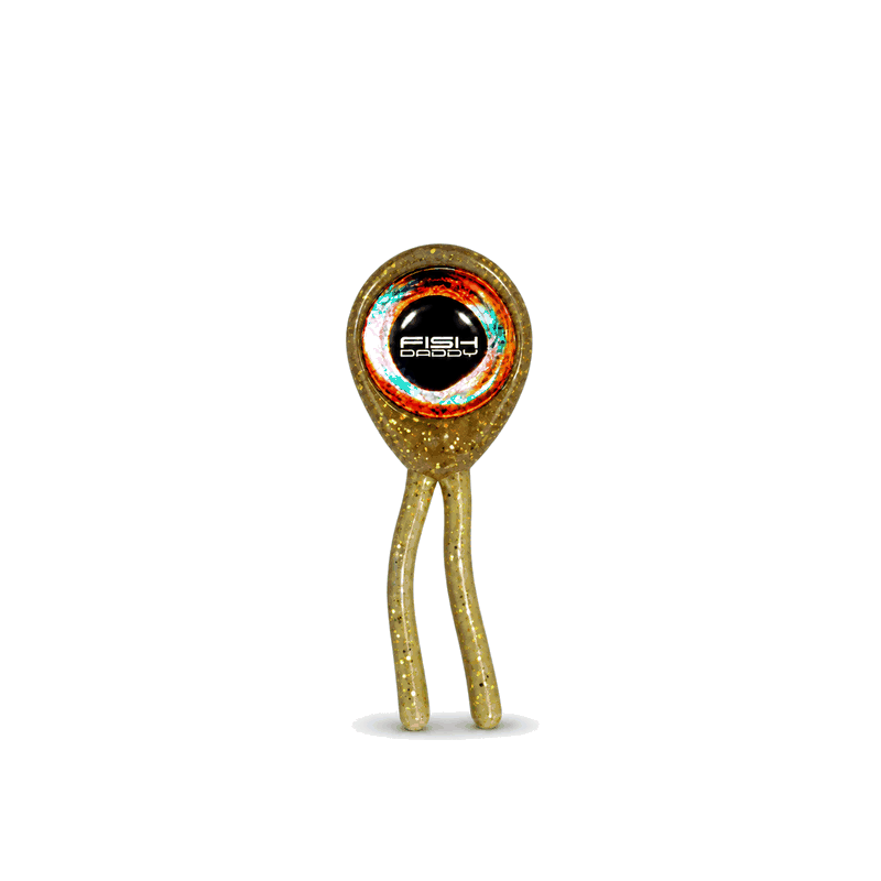 FishDaddy Double-Eye soft plastic, Small (Size 2), Clear - Glow Flake, showing its glow