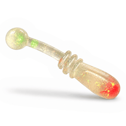 FishDaddy Boller soft plastic, Clear - Glow Flake, showing its glow