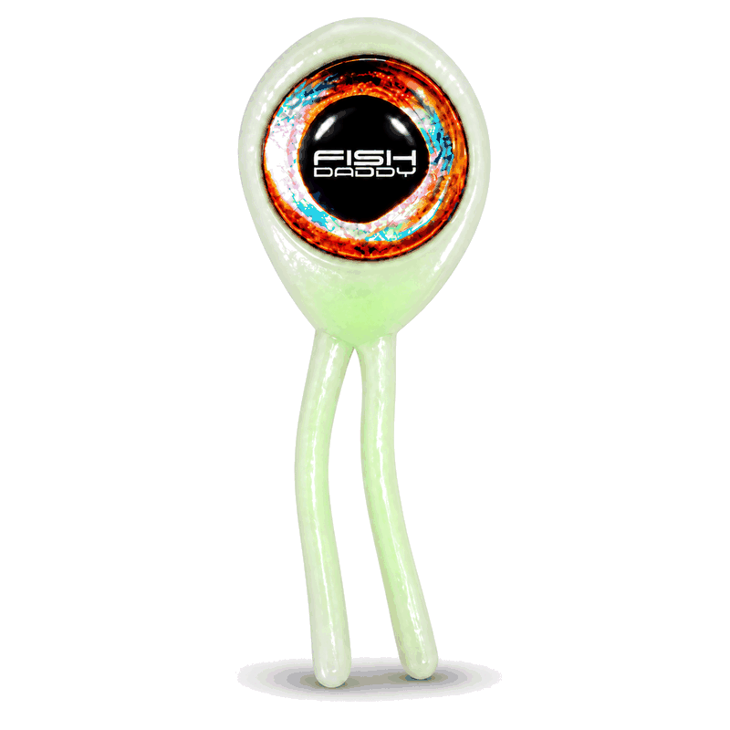 FishDaddy Double-Eye soft plastic, Large (Size 3), White - Glow Green, showing its glow