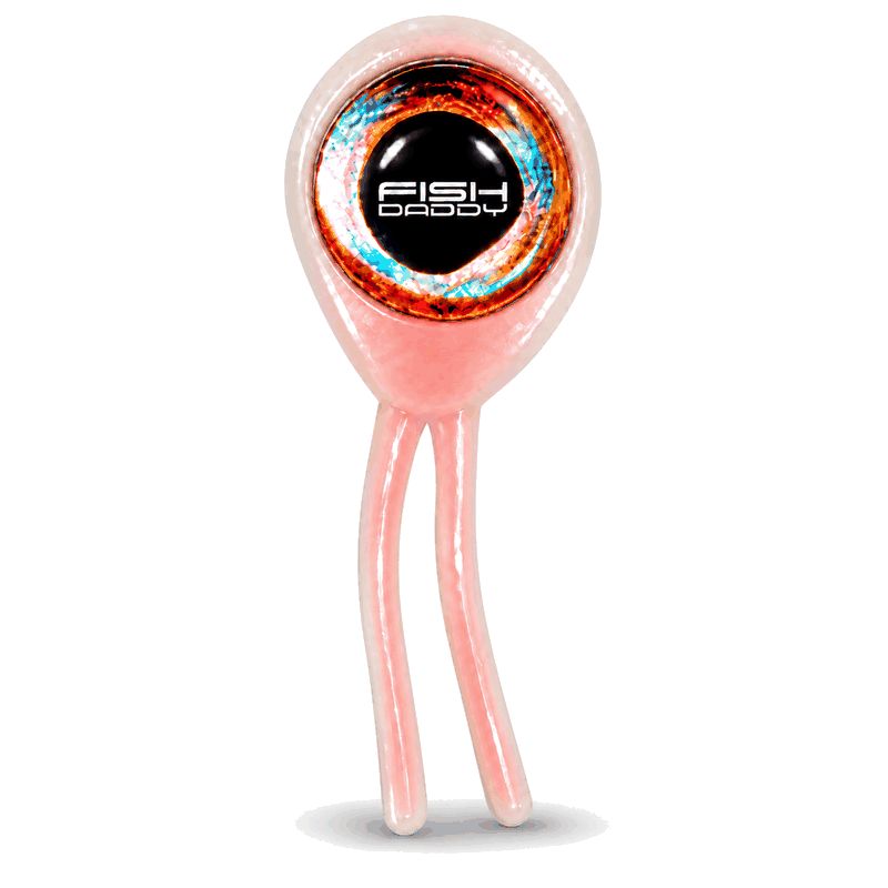 FishDaddy Double-Eye soft plastic, Large (Size 3), White - Glow Red, showing its glow
