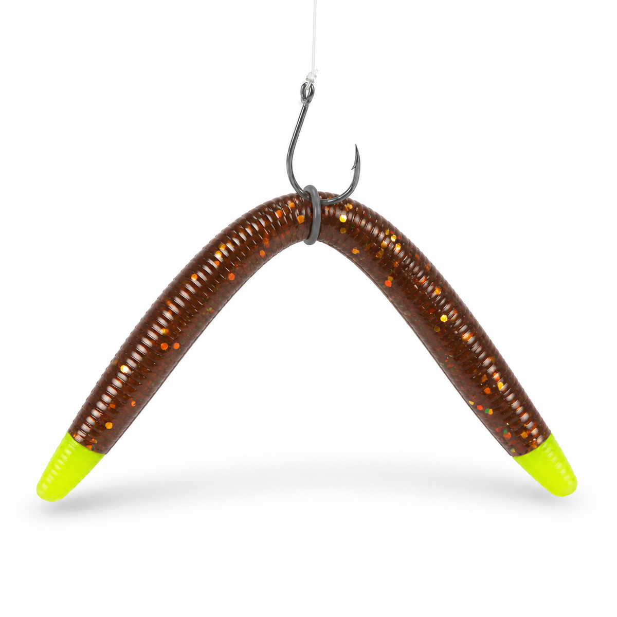 FishDaddy AirWorm soft plastic in Motor Oil Brown - Glow Green Core