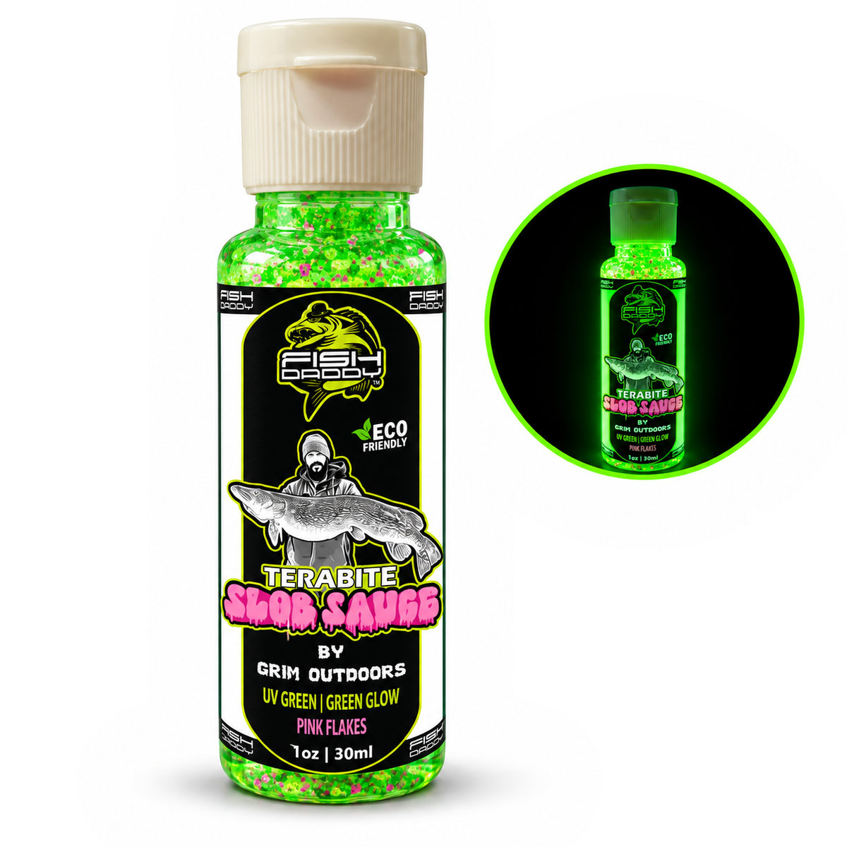 FishDaddy TERABITE Slob Sauce fishing scent enhancer in Glow Green with Pink Flakes
